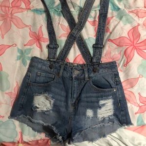 Distressed High Waisted Jean Shorts/Overalls